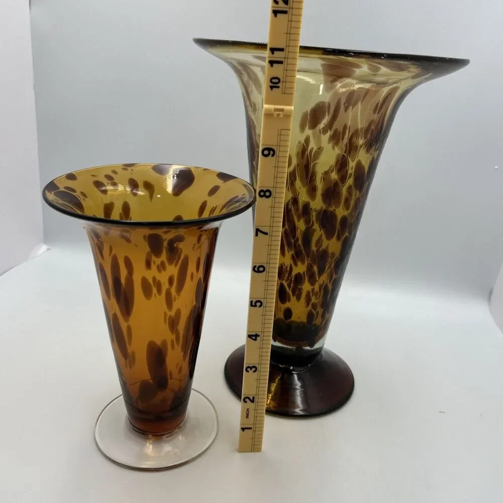 Vintage Hand Blown Art Glass Vases Set of 2 Amber Brown Spotted Pedestal Vases